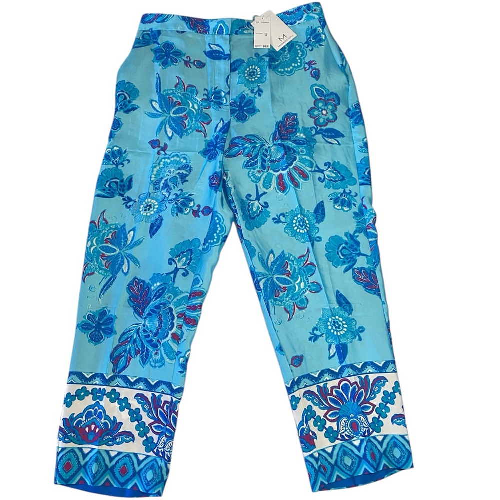 Magaschoni Women Large Blue Satin Pants Elastic Waist Straight Leg New NWT